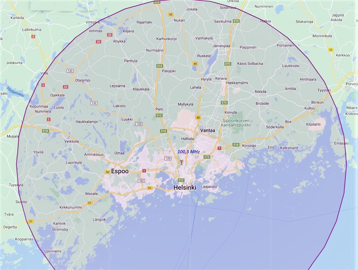 Kartta Uudeltamaalta, jossa Lähiradion kuuluvuusalue esitetty ympyrällä.